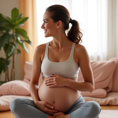 A pregnant woman smiling while doing a gentle stretch.