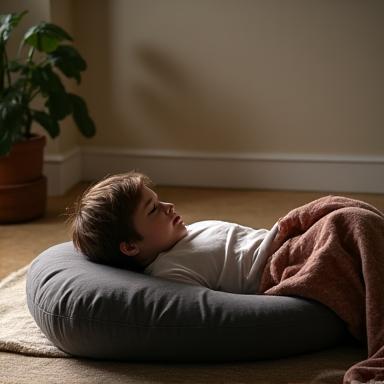A person relaxing in a supported child's pose with bolsters.