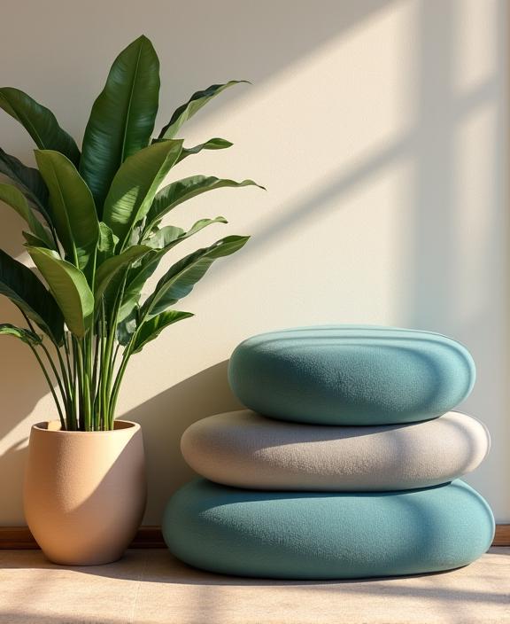 A tranquil corner of the studio with stacked yoga bolsters and a green plant.