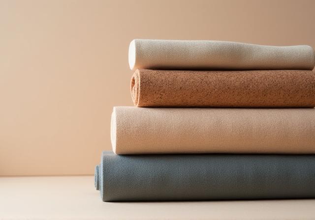 Neatly stacked eco-friendly yoga mats, blocks, and bolsters.