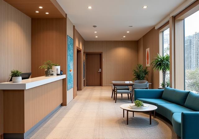 Welcoming reception area with a comfortable lounge and complimentary tea.